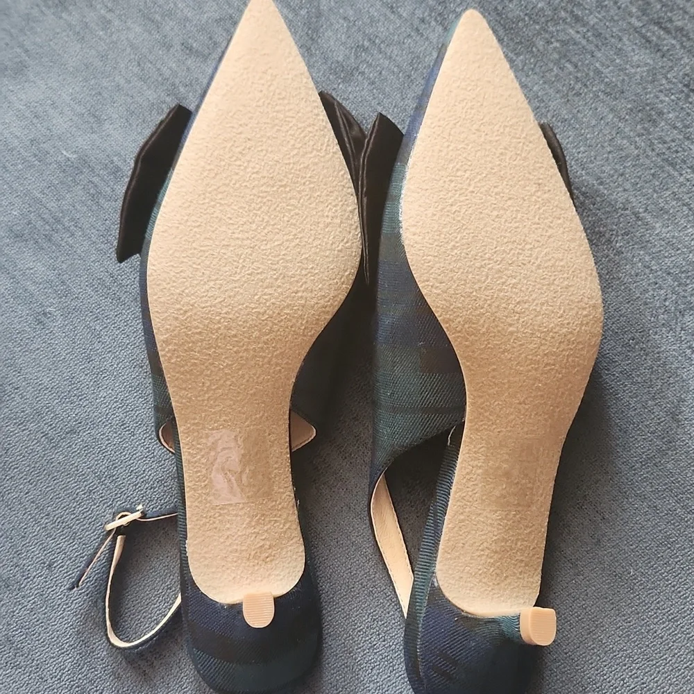 Jack Rogers Debra Tartan Plaid Satin Bow Slingback Kitten Heels Pumps size 8.5